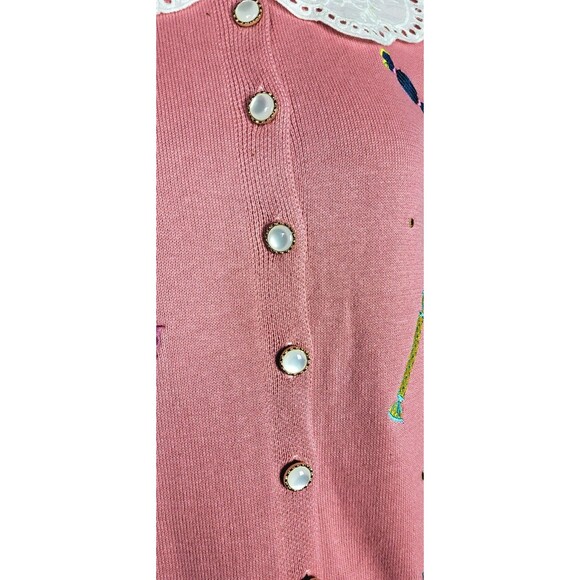 Royal Monk 50s Pink Lace Collar Candy Embroidered Opal Button Cardigan Sweater - Picture 9 of 14